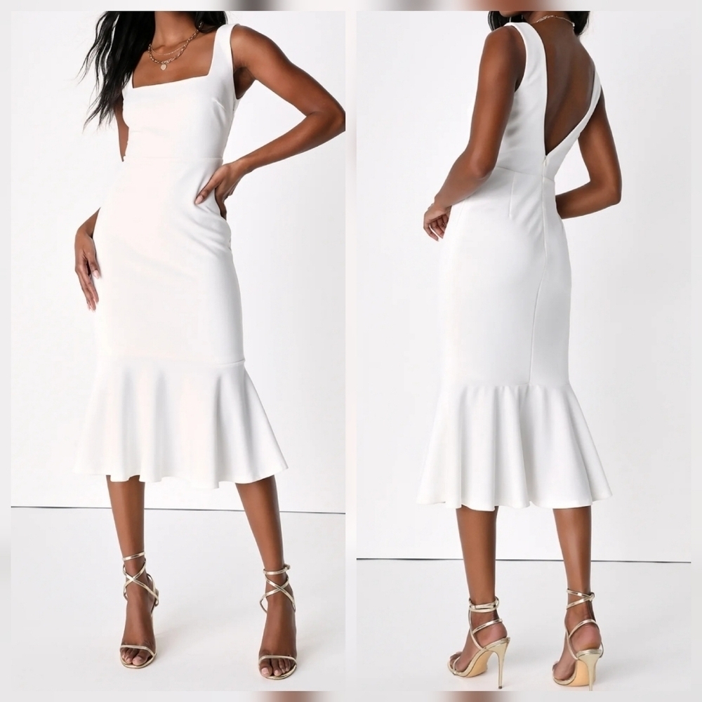 Lulus Moment Maker White Square Neck Trumpet Midi Dress